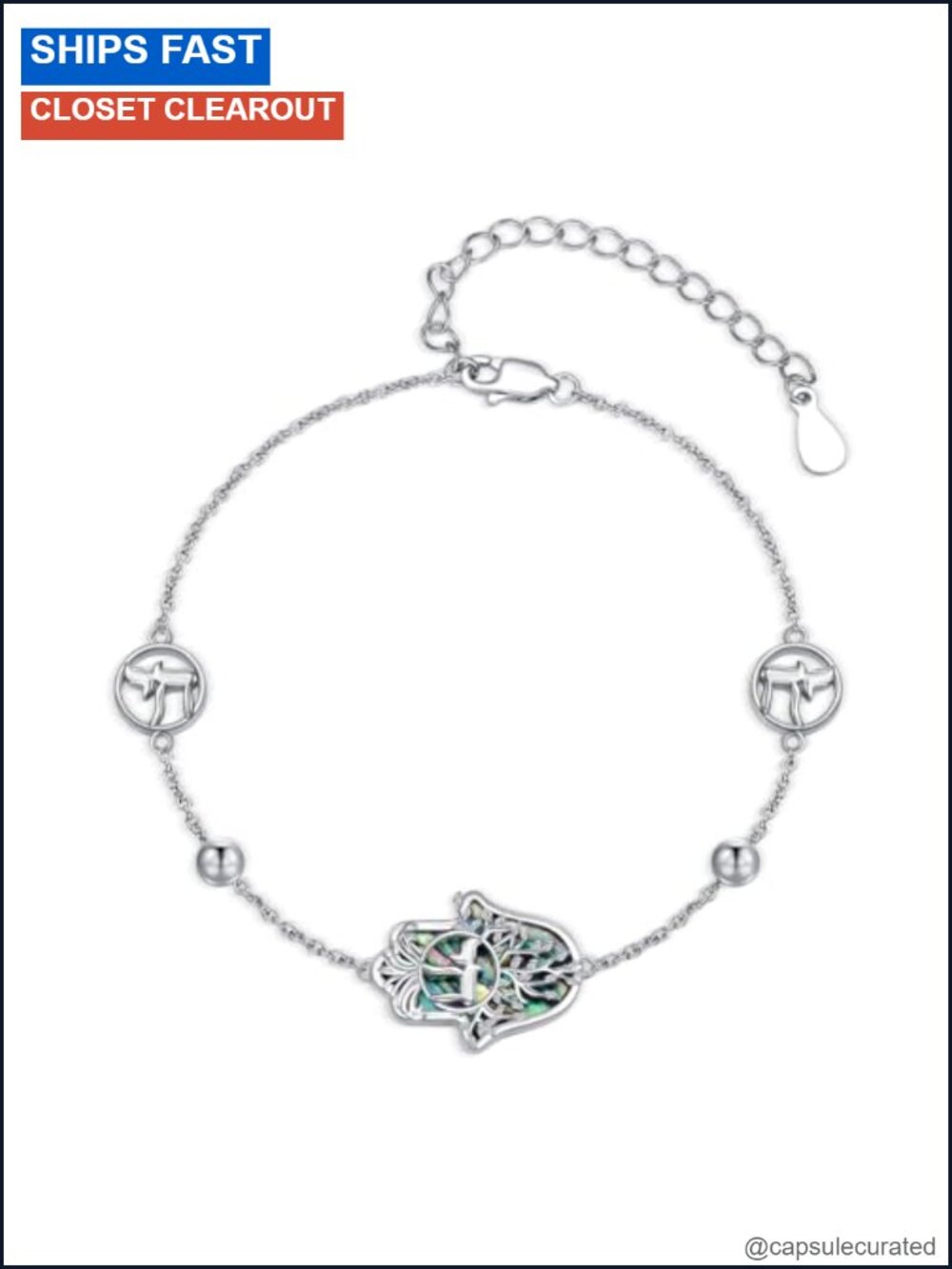 925 Sterling Silver Hamsa Bracelet Jewish Chai Charm Link Adjustable
